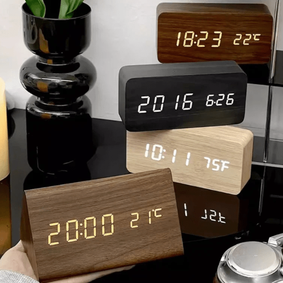 Compact wooden LED desk clock, featuring voice control and an alarm, ideal for small spaces.