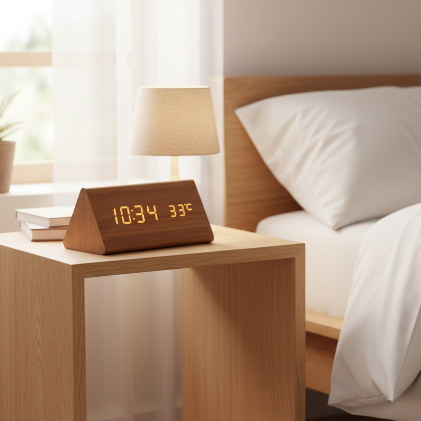 Decorative wooden LED clock, voice-activated with alarm function, for a smart home.