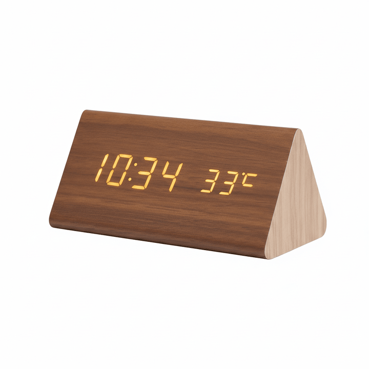 Wooden LED alarm clock with voice control for modern home decor, a smart desk accessory.