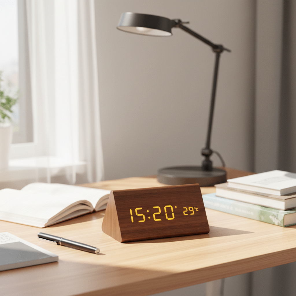 Contemporary wooden LED block clock with smart voice features and a clear alarm display.