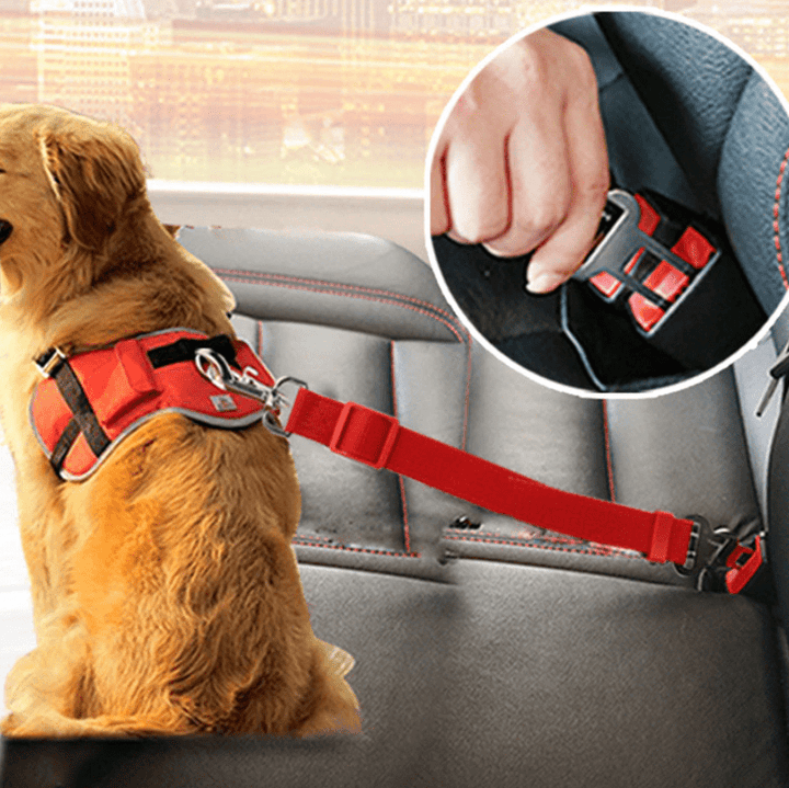 Adjustable dog car safety seatbelt for secure pet travel. Durable vehicle restraint for small to large dogs.