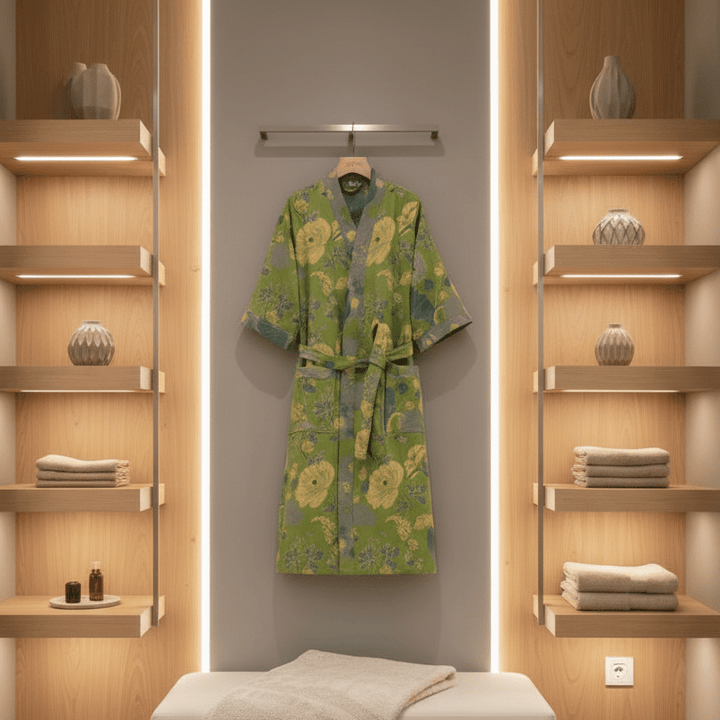 Lightweight unisex kimono bathrobe, providing a soft and relaxed fit for ultimate home and spa comfort.