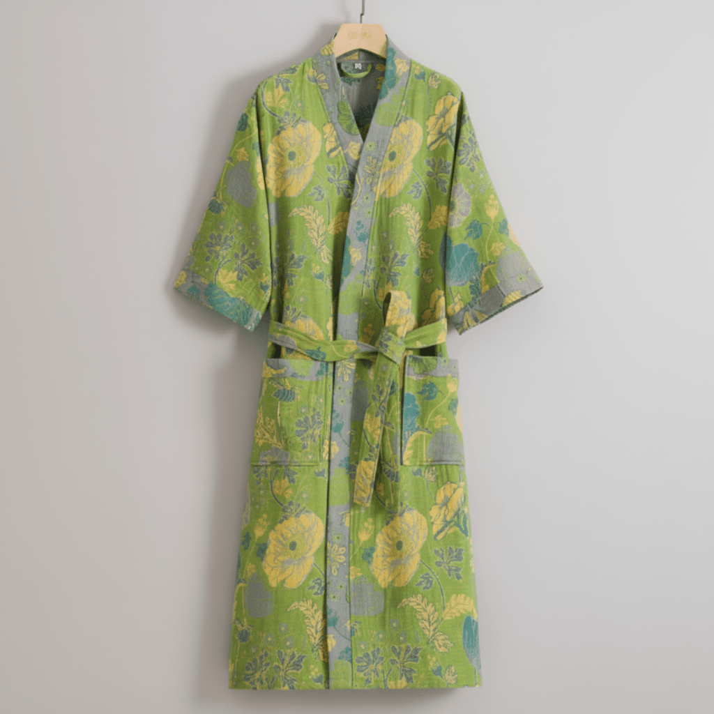 Colorful ginkgo leaf kimono bathrobe, a unisex relaxed fit loungewear piece for ultimate comfort.