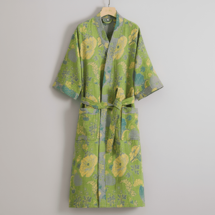 Colorful ginkgo leaf kimono bathrobe, a unisex relaxed fit loungewear piece for ultimate comfort.