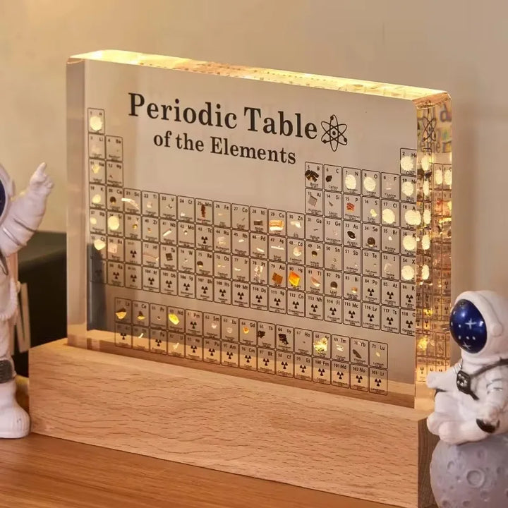 Modern Acrylic Periodic Table with real elements, illuminated by USB light. Stylish science decor for home or office.