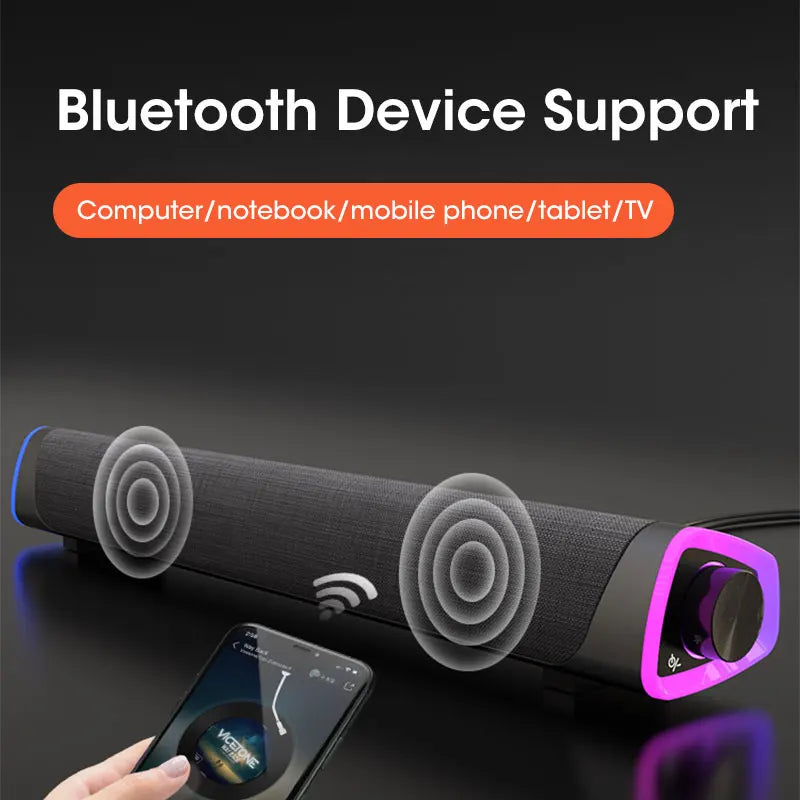 Multimedia Bluetooth speaker bar, compact and perfect for home office audio with rich stereo and deep bass.