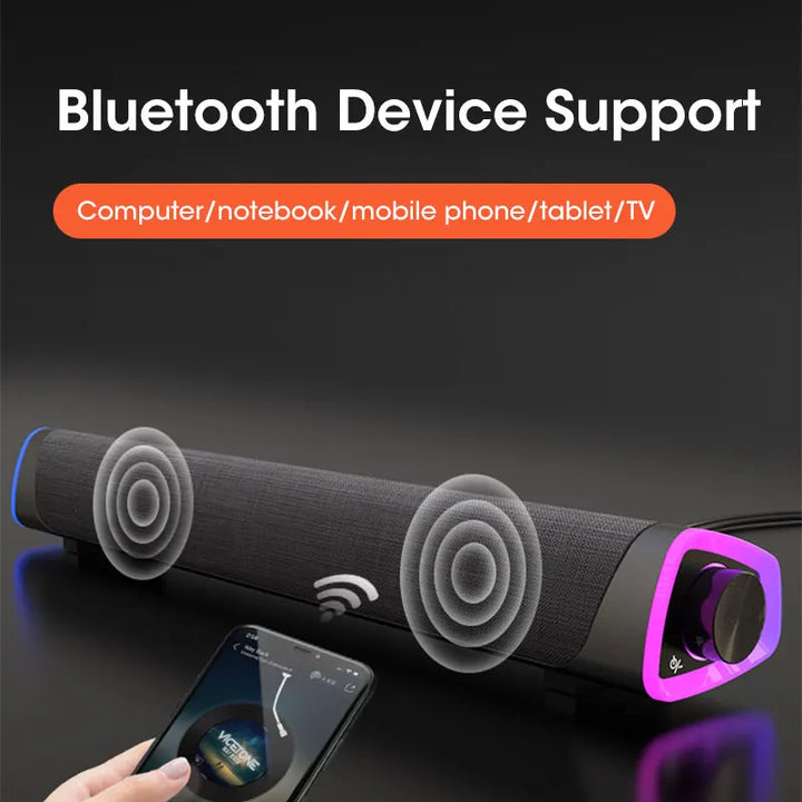 Multimedia Bluetooth speaker bar, compact and perfect for home office audio with rich stereo and deep bass.