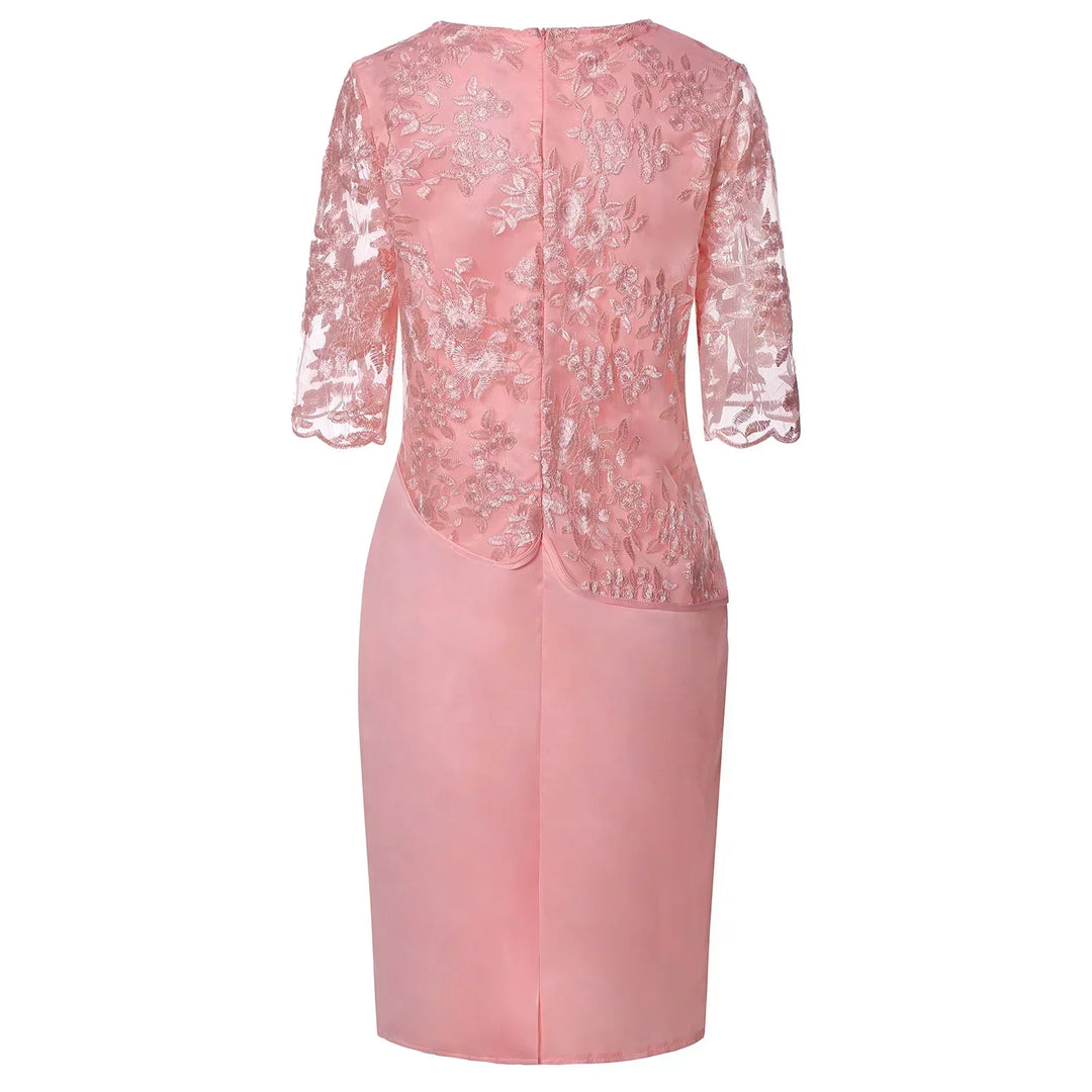 Stylish women's cocktail dress featuring a midi length, short sleeves, and a flattering silhouette.