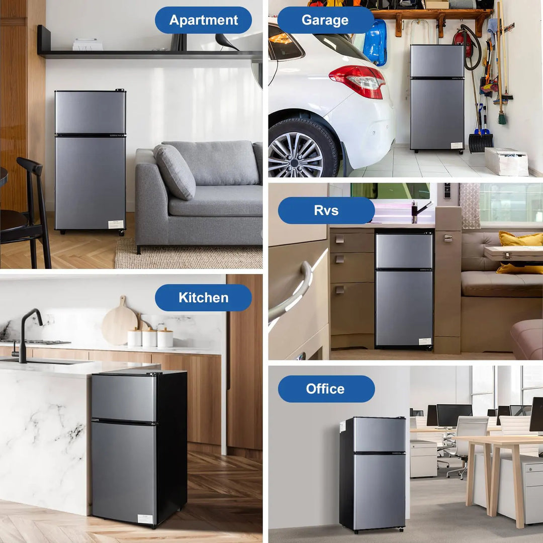 Sleek 2.9 Cu.Ft compact dual-door mini fridge with freezer, great for small apartments and convenience.