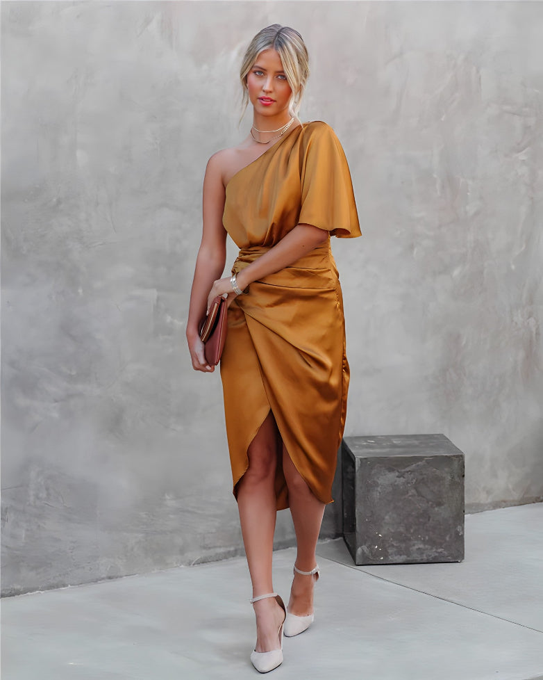 Luxurious women's off-shoulder asymmetrical dress, perfect for making a statement at evening gatherings.