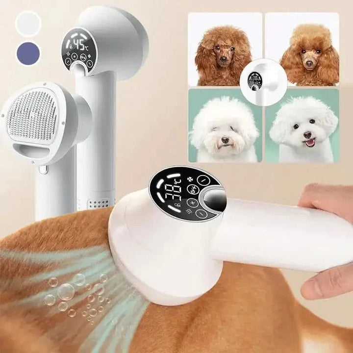 Pet grooming dryer with an integrated gentle brush to effectively remove loose fur and reduce shedding for pets.