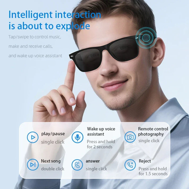 Bluetooth audio sunglasses with integrated speakers for hands-free music, calls & directions. Unisex design.