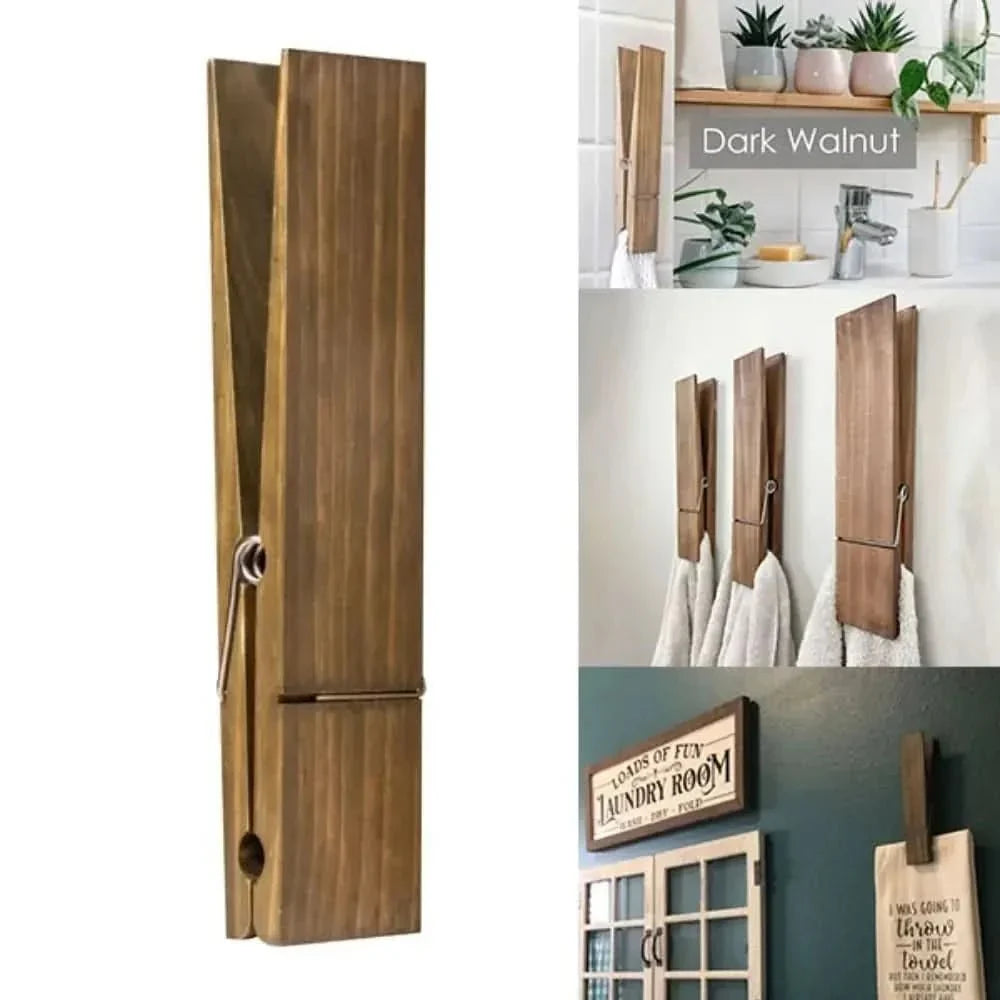 Stylish wooden towel holder clip, wall mount for modern bathroom. Scandinavian design, ideal for guest bath organization.