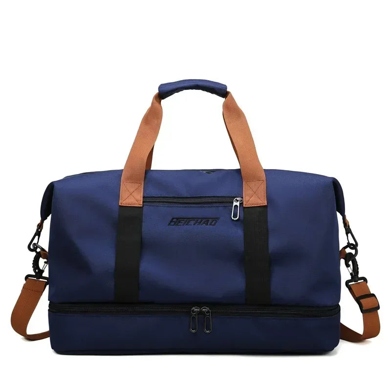 Women's large capacity travel bag. Wet/dry gym duffel, ideal for fitness gear & weekend trips. Buffalo fabric construction.