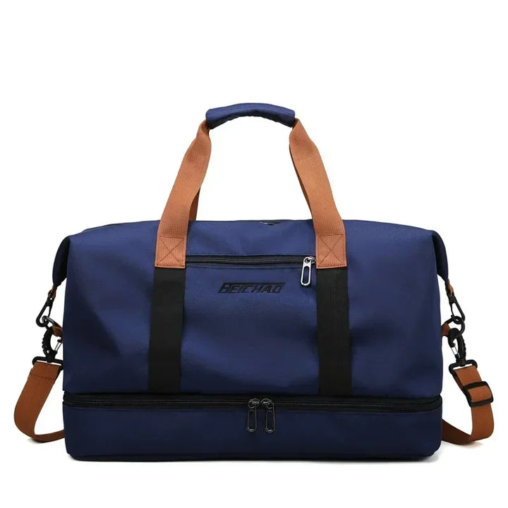 Women's large capacity travel bag. Wet/dry gym duffel, ideal for fitness gear & weekend trips. Buffalo fabric construction.