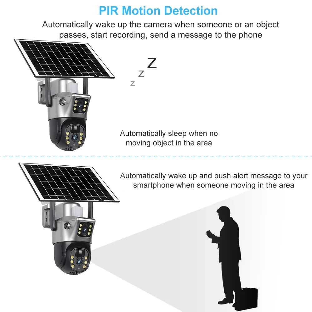 Tavvitaimp18 outdoor solar security camera with motion detection, night vision, and 4G/WiFi options.