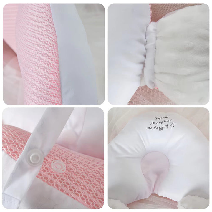 Organic cotton U-shape baby head support for gentle sleep, essential newborn stroller cushion.