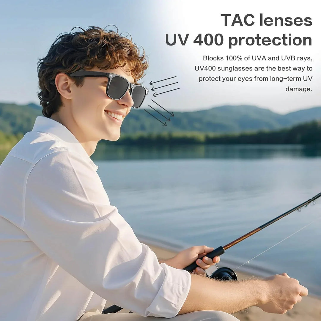 Outdoor gear: Men's smart camera glasses with instant translation, video recording & UV protection.