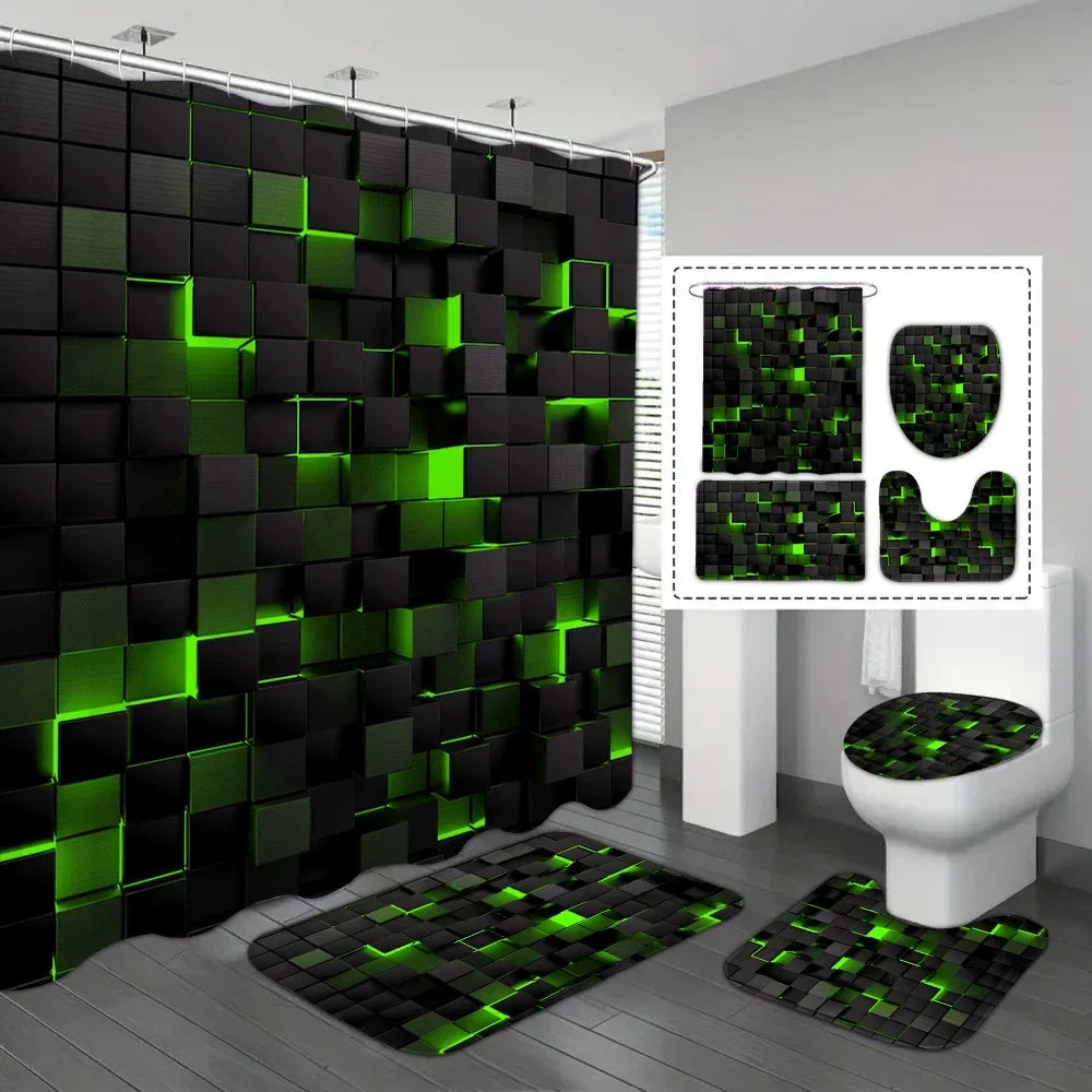 Durable polyester waterproof shower curtain & non-slip bath mat, part of a 4-piece home bathroom accessory set.