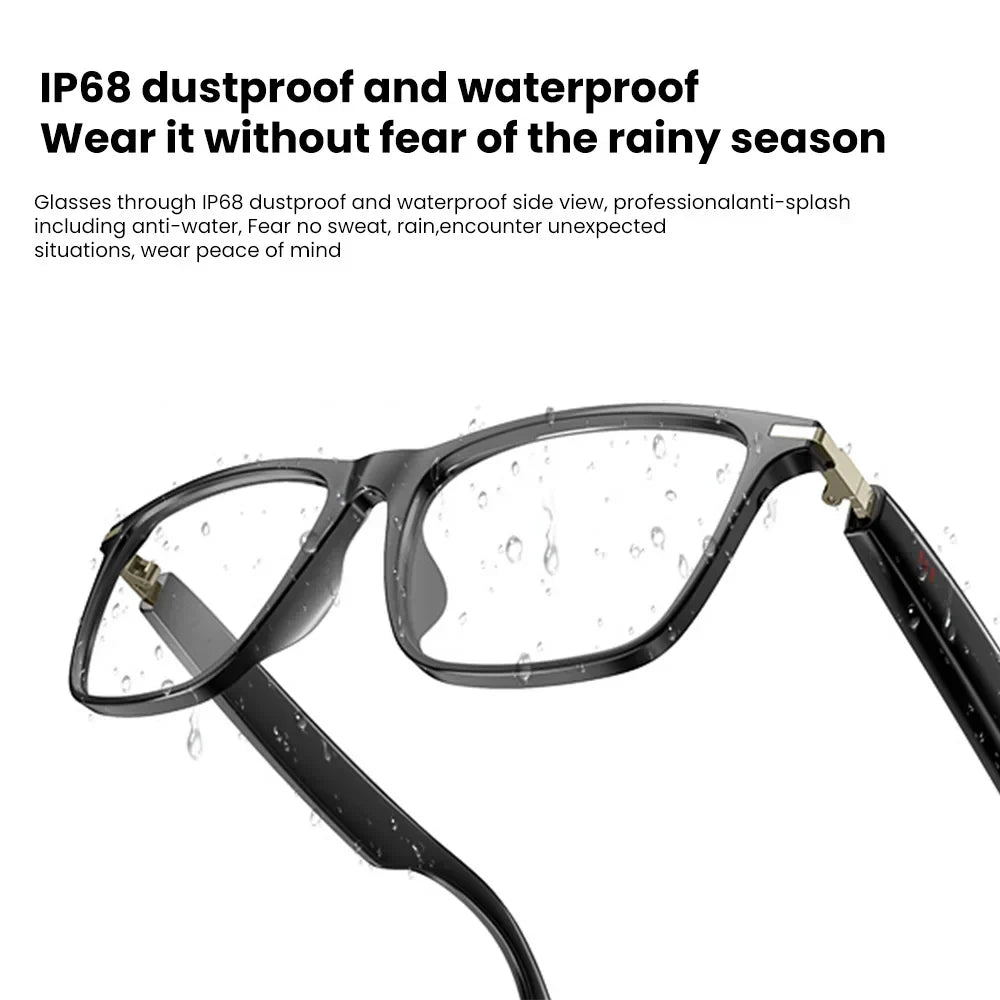 Close-up of men's smart audio eyewear. Sleek frame, integrated wireless speakers, polarized blue light protective lenses.