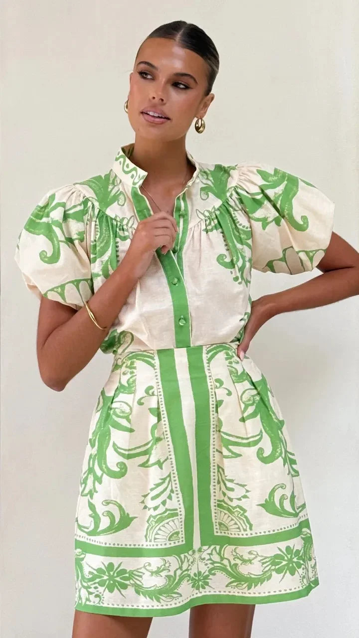 Comfortable women's mini sundress, featuring puff sleeves and a lovely floral design.