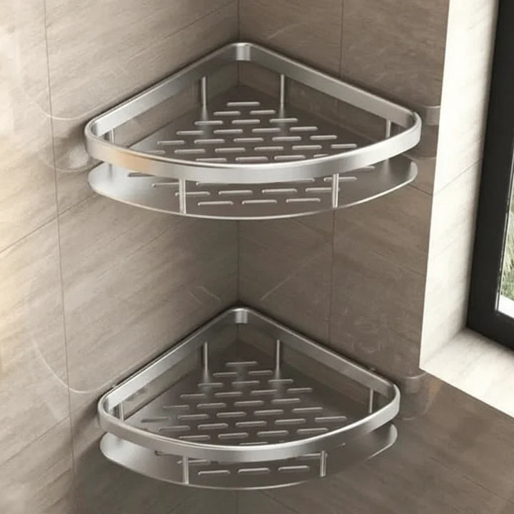 Quick-install, drill-free adhesive bathroom shelf. Strong wall-mounted storage solution.