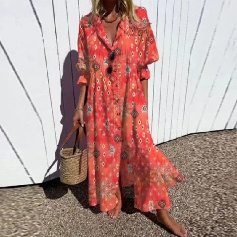 Chic women's flowing dress, a comfortable boho summer maxi with a relaxed fit.