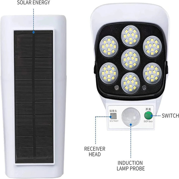 Easy-install wireless solar security light, with motion sensor for illuminating dark outdoor areas.