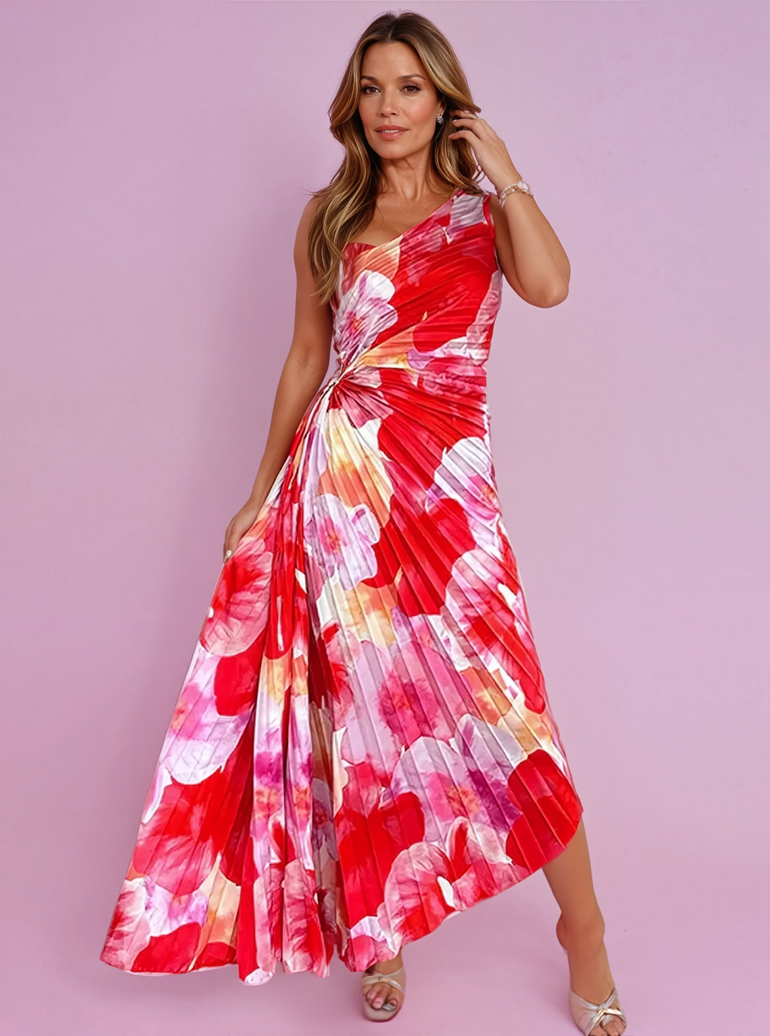 Elegant floral pleated maxi dress for women, ideal for wedding guests & formal occasions.
