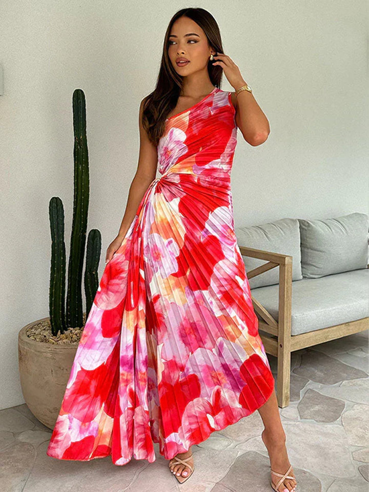 Long pleated floral maxi dress for women, an elegant & comfortable choice for parties & occasions.