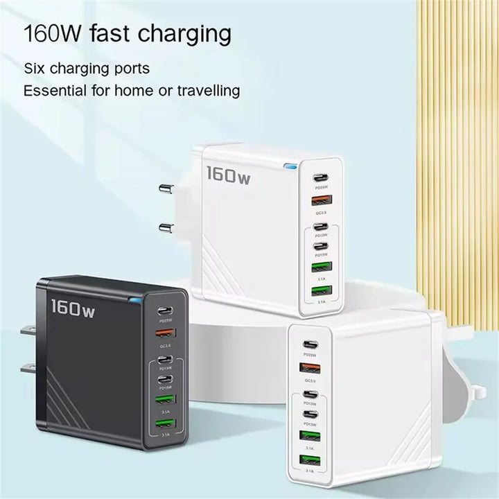 Declutter with 160W USB-C fast charging hub. Multi-port universal charger replaces multiple wall adapters.