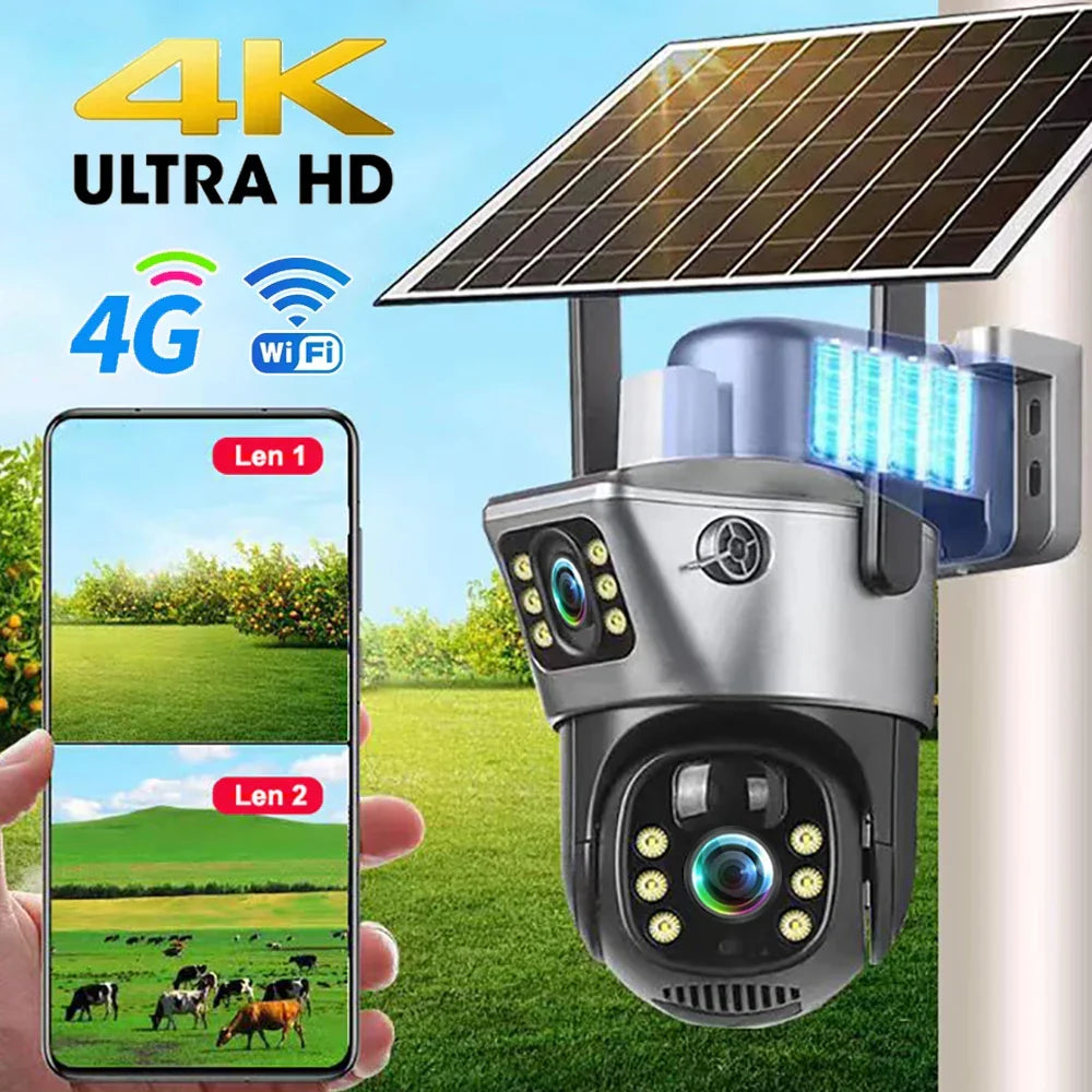 High-res 8MP Solar Outdoor Security Camera for remote monitoring, featuring dual lens, WiFi & 4G connectivity.