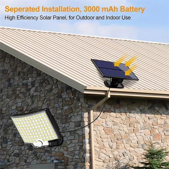 Bright LED solar outdoor security light with sensitive motion sensor for reliable home safety & pathway illumination.