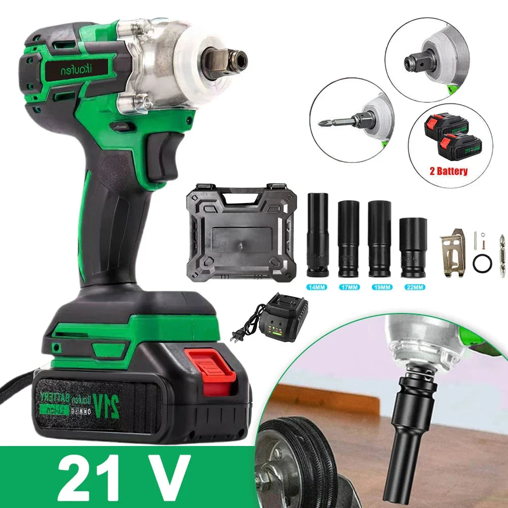 Close-up of the 21V high torque cordless impact wrench, showcasing its durable design and power.