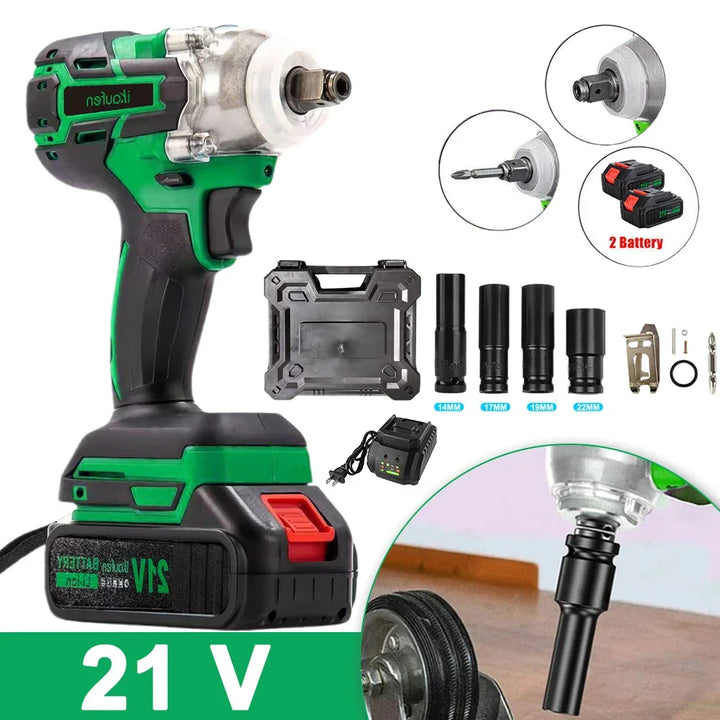 Close-up of the 21V high torque cordless impact wrench, showcasing its durable design and power.