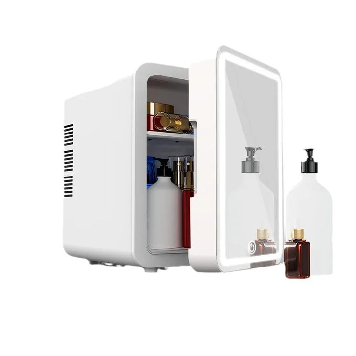 Unisex 4L portable mini beauty fridge with LED light, ideal for skincare & cosmetic storage.