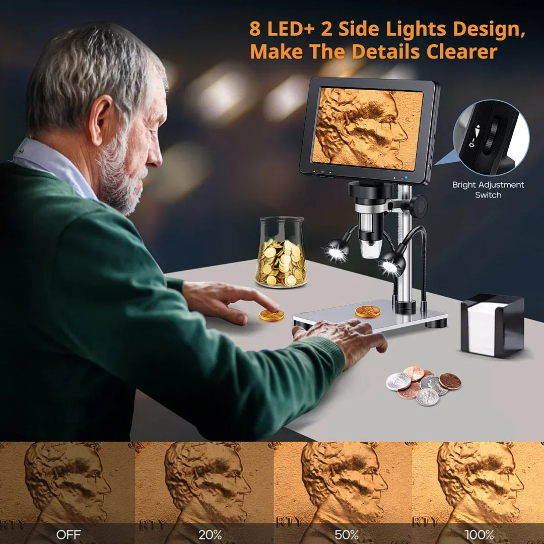 Desktop digital microscope with 1200X zoom, ideal for coin repair, antique inspection, and hobbyist detail work.