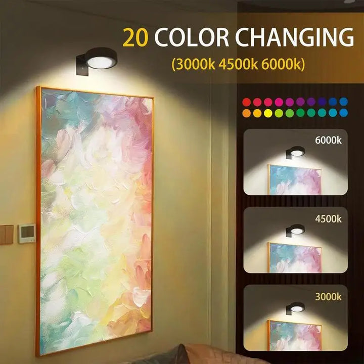 Battery-operated LED art display lights, adjustable for home decor & gallery illumination.