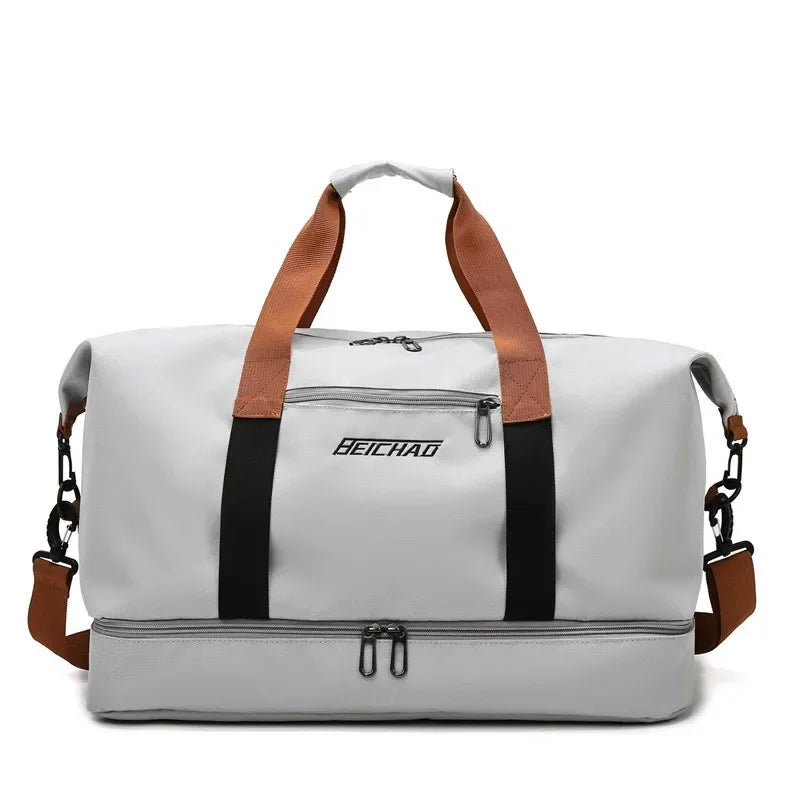 Durable women's large capacity sports bag. Ideal wet-dry gym duffel & travel handbag for fitness & organized trips.