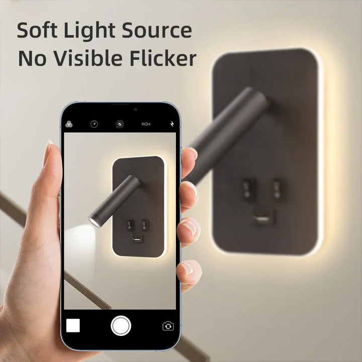 Contemporary hardwired wall lamp, bright LED reading light for bedside, rotatable, with USB charger.