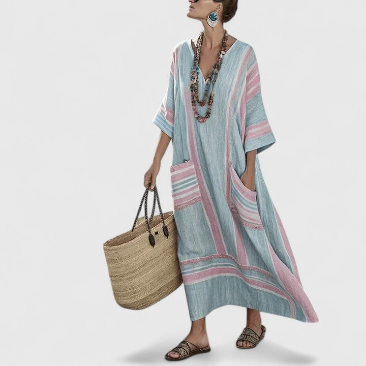 Bohemian maxi dress for women with pockets. A versatile, elegant long summer dress for casual wear & warm weather fashion.