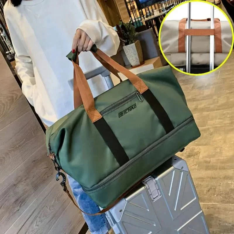 Durable unisex fitness & travel duffle bag with organized compartments and a dedicated shoe pocket.