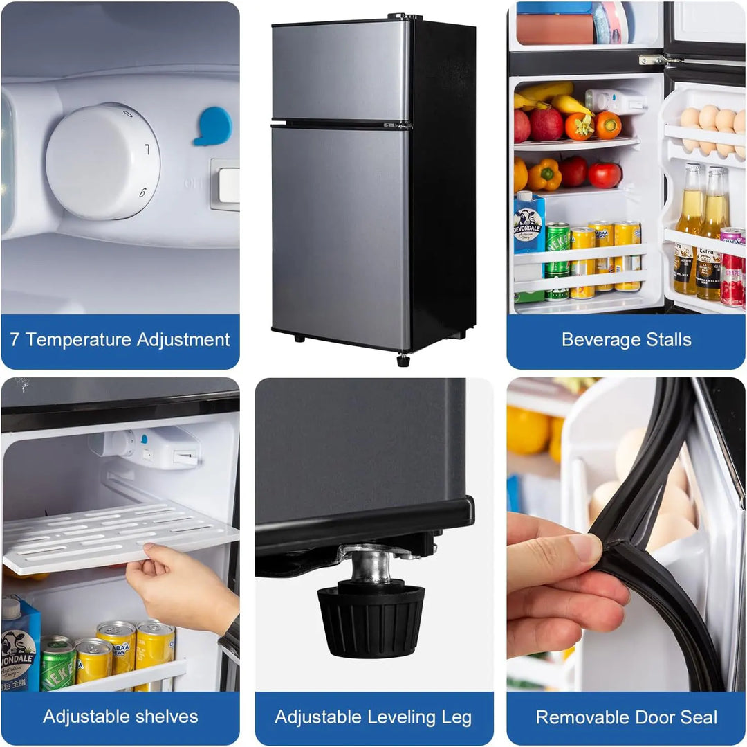 2.9 Cu.Ft compact dual-door fridge with freezer, ideal for beverage cooling and food storage in tight spaces.