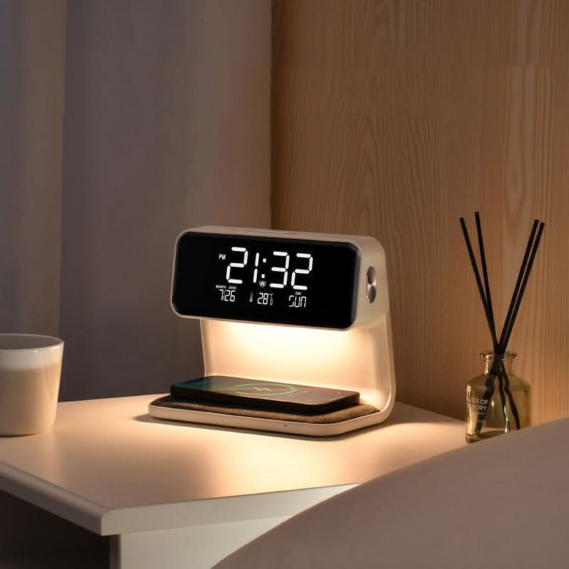 Modern LED lamp with wireless charger & digital alarm clock. Dimmable light for nightstand or bedroom decor.