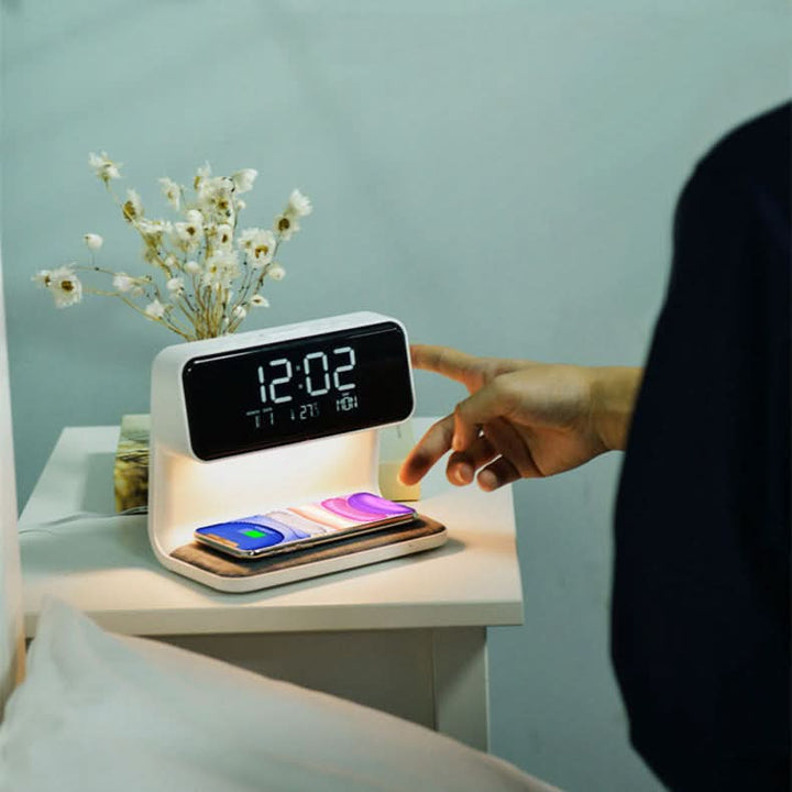Sleek ABS plastic LED desk lamp with touch control, featuring wireless charging pad & clear digital alarm display.