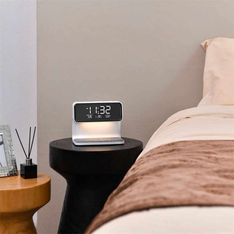 Dimmable LED bedroom light, wireless phone charger & clock. Convenient modern bedside lamp made from ABS.