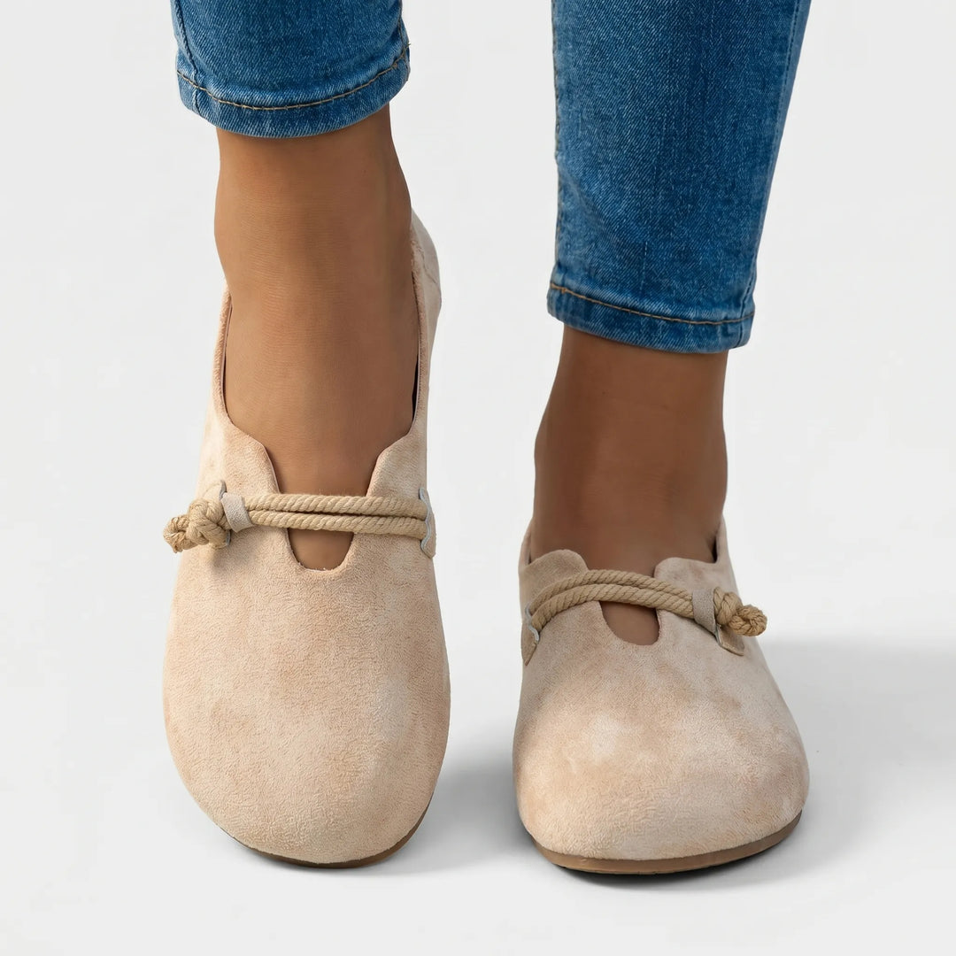 Womens supportive slip-on flats with unique rope detail. Ideal comfortable casual everyday wear shoes.