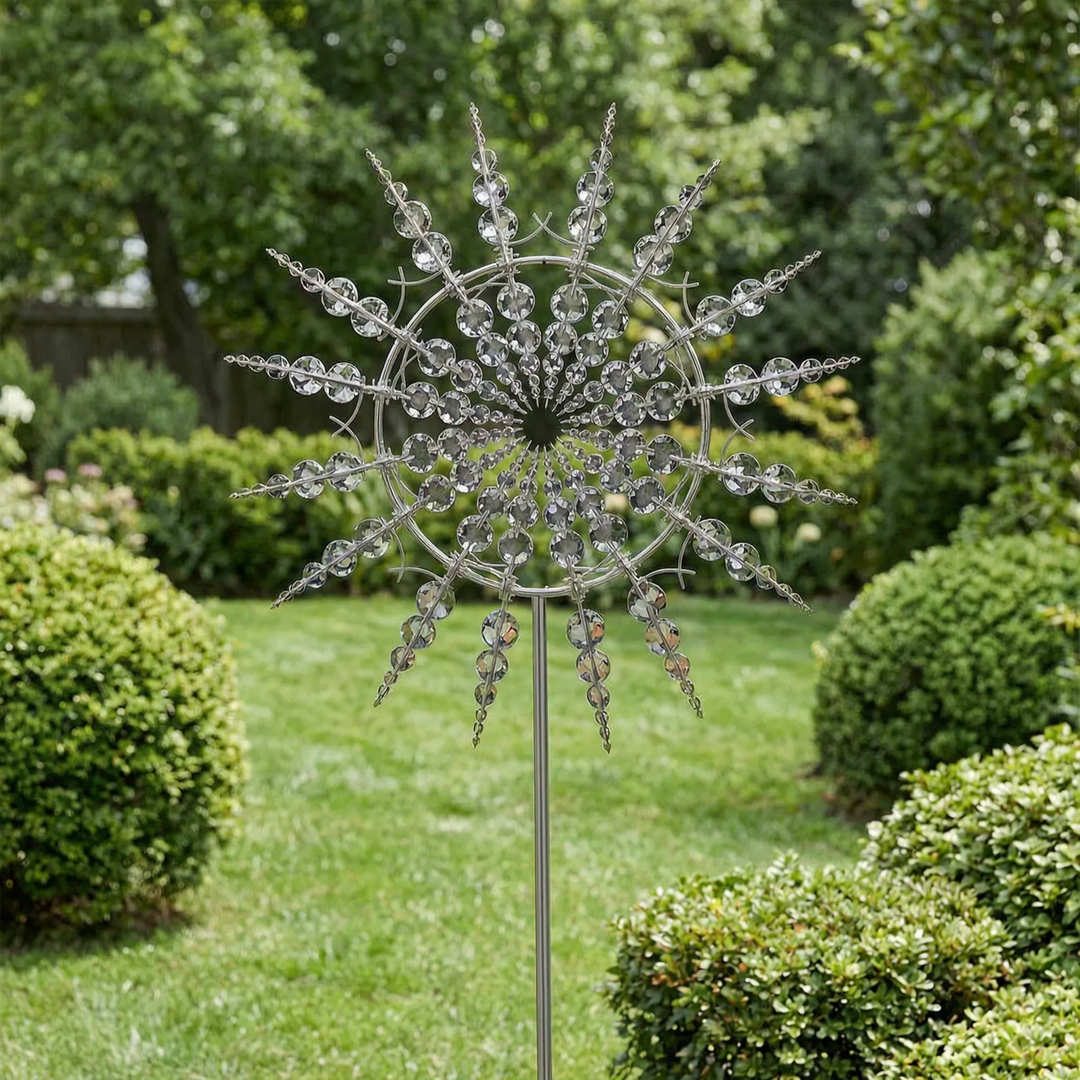 Kinetic metal wind spinner for garden decor, weather-resistant yard art with ground stake for outdoor spaces.
