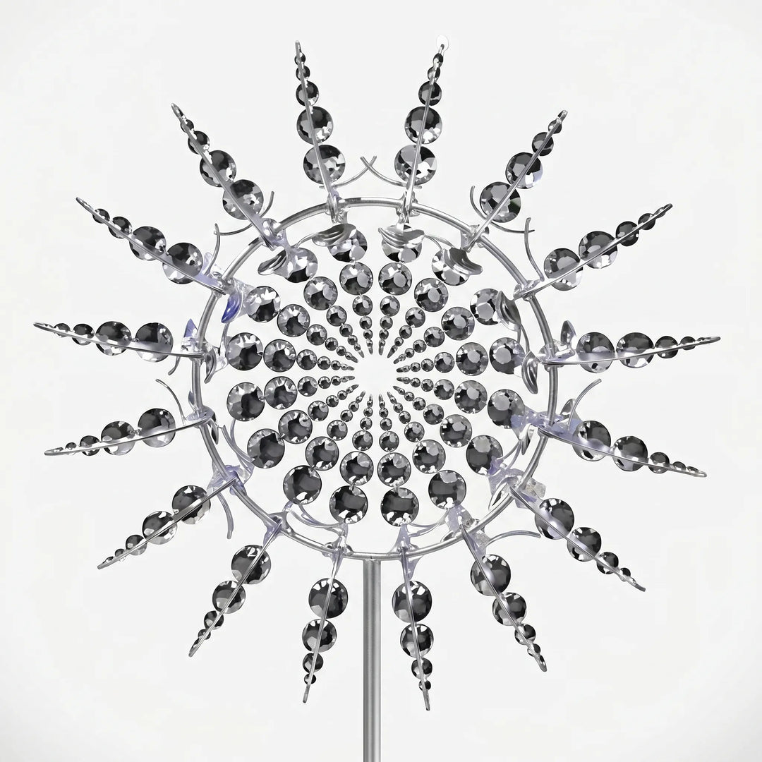 Decorative outdoor kinetic metal wind spinner for yard, garden, and landscape artistic enhancement.