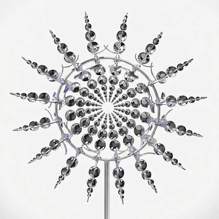 Decorative outdoor kinetic metal wind spinner for yard, garden, and landscape artistic enhancement.